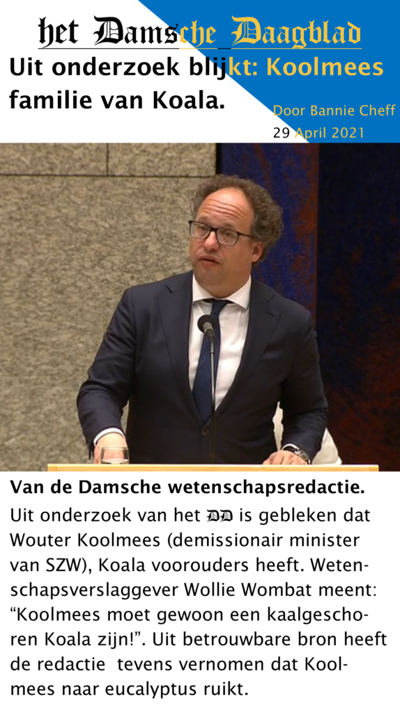 Je ziet Wouter Koolmees, man met bril ligtkalend bruin krullend haar, in pak met ligt blauwe stropdas,  de tweedekamer toespreken in zijn rol als minister van Sociale zaken (April 2021) 